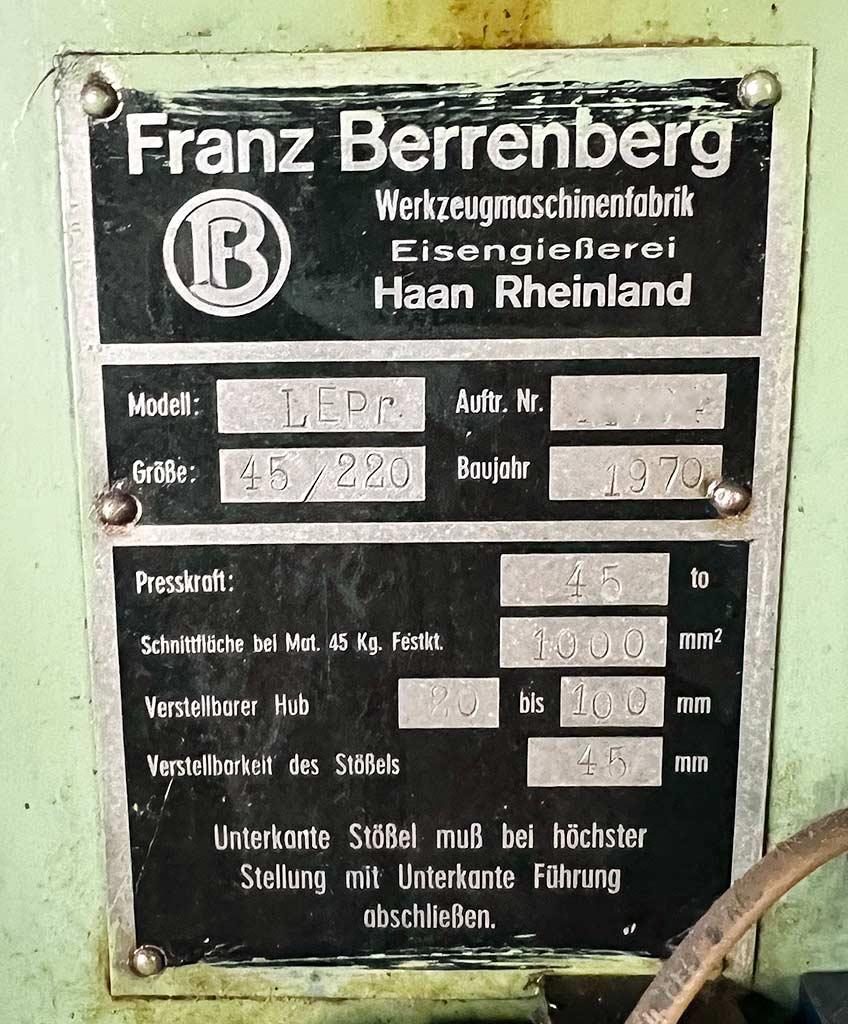 Single Column Eccentric Press Franz Berrenberg LEPr. 45/220 - Thumbnail 3
